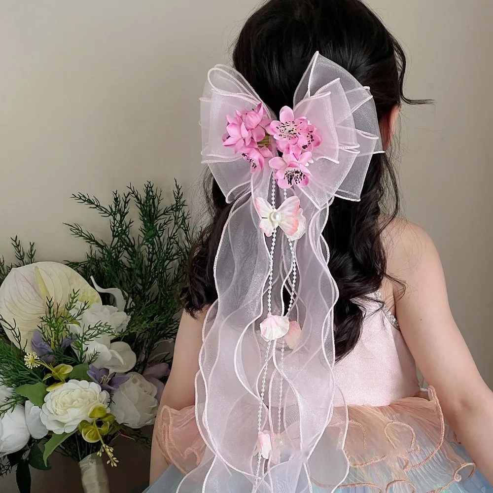Oversized Jumbo Organza Bowknot Beaded-streamer Mesh-textiled Girls Floral Hairpins Snag-free Korean-style