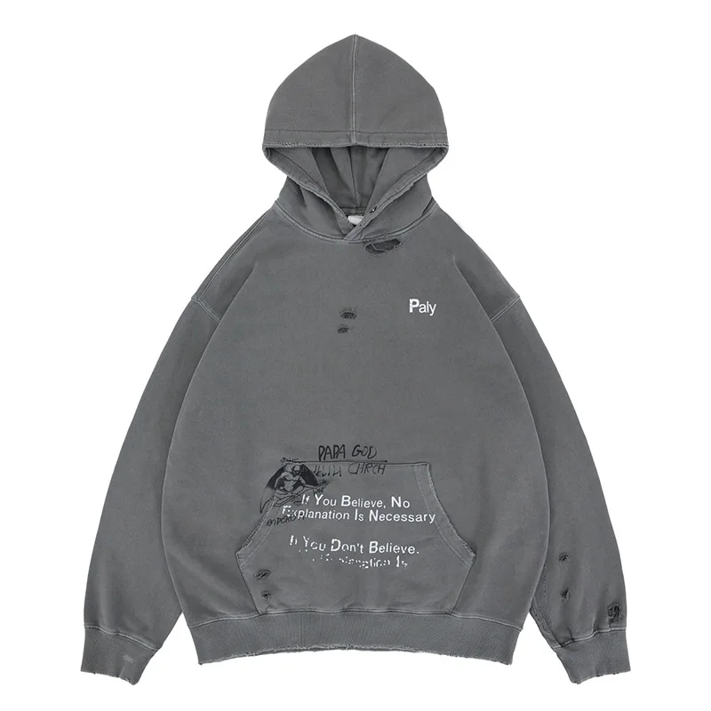 

Негабаритная толстовка с принтом в стиле хип-хоп Harakuju, рваная уличная одежда, пуловеры с капюшоном для мужчин, свободный крой