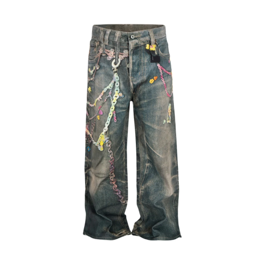 

Fashion Print Denim Trousers Mens Streetwear Hip Hop Washed Jeans Men Harajuku Vintage Baggy Wide-leg Pants Male