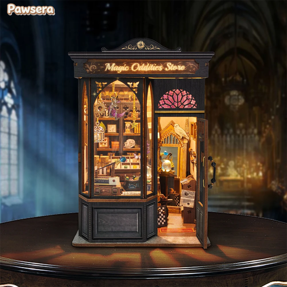 Pawsera Magic Oddities Store Bookshelf Retro DIY Wooden Book Nook Figurines Miniature Kits Home Bookend Decoration Adult Gifts