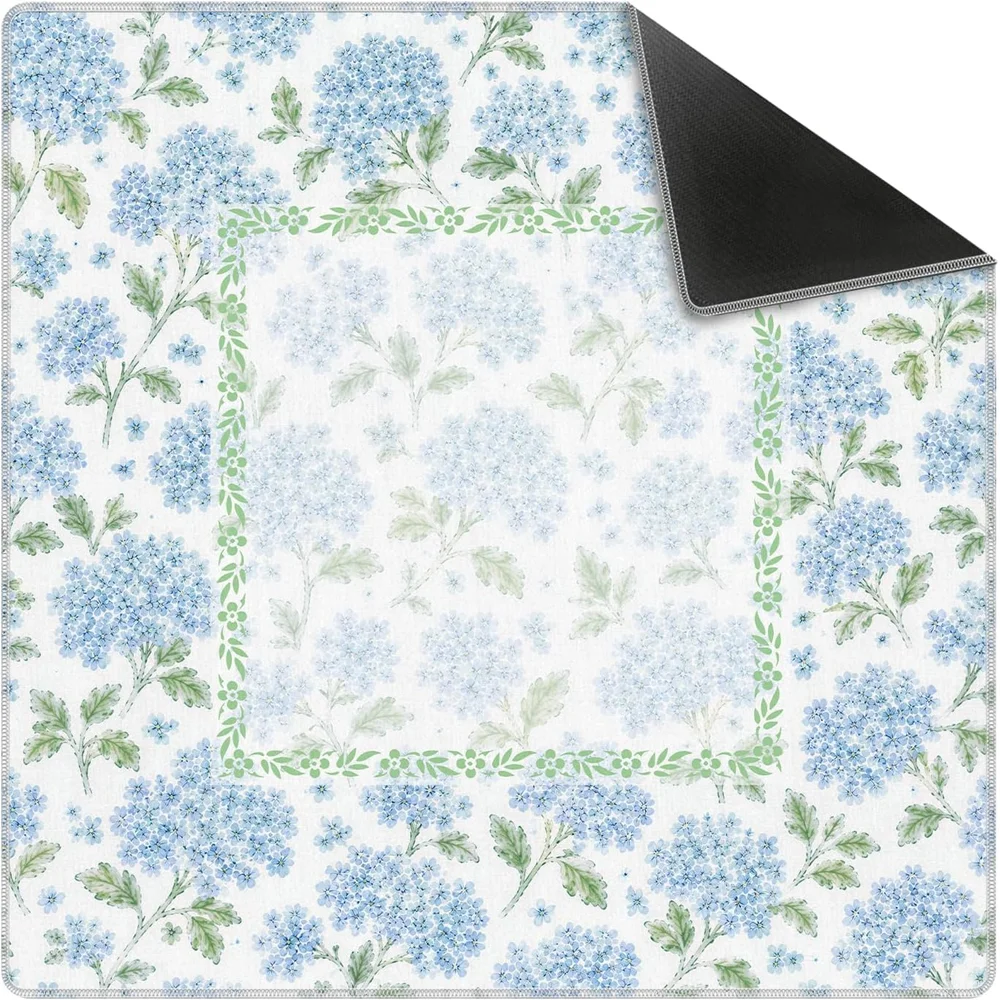 Neoprene 31.5 Inch Luxury 3mm Mahjong Mat Blue Green Hydrangea Floral Grandmillennial Non-slip Noise Reduction for Poker