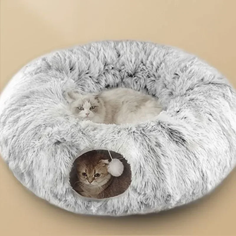 Plush Cat Bed with Tunnel for Indoor Cats, Multifunctional Cat Tunnel Bed with Peephole, Fluffy Donut Cat Bed with Tunnel