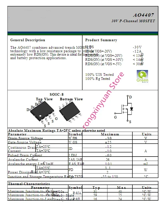 20 pcs/lot  AO4407 4407 SOP-8 30V P-Channel MOSFET -30V/-12A 100% New original