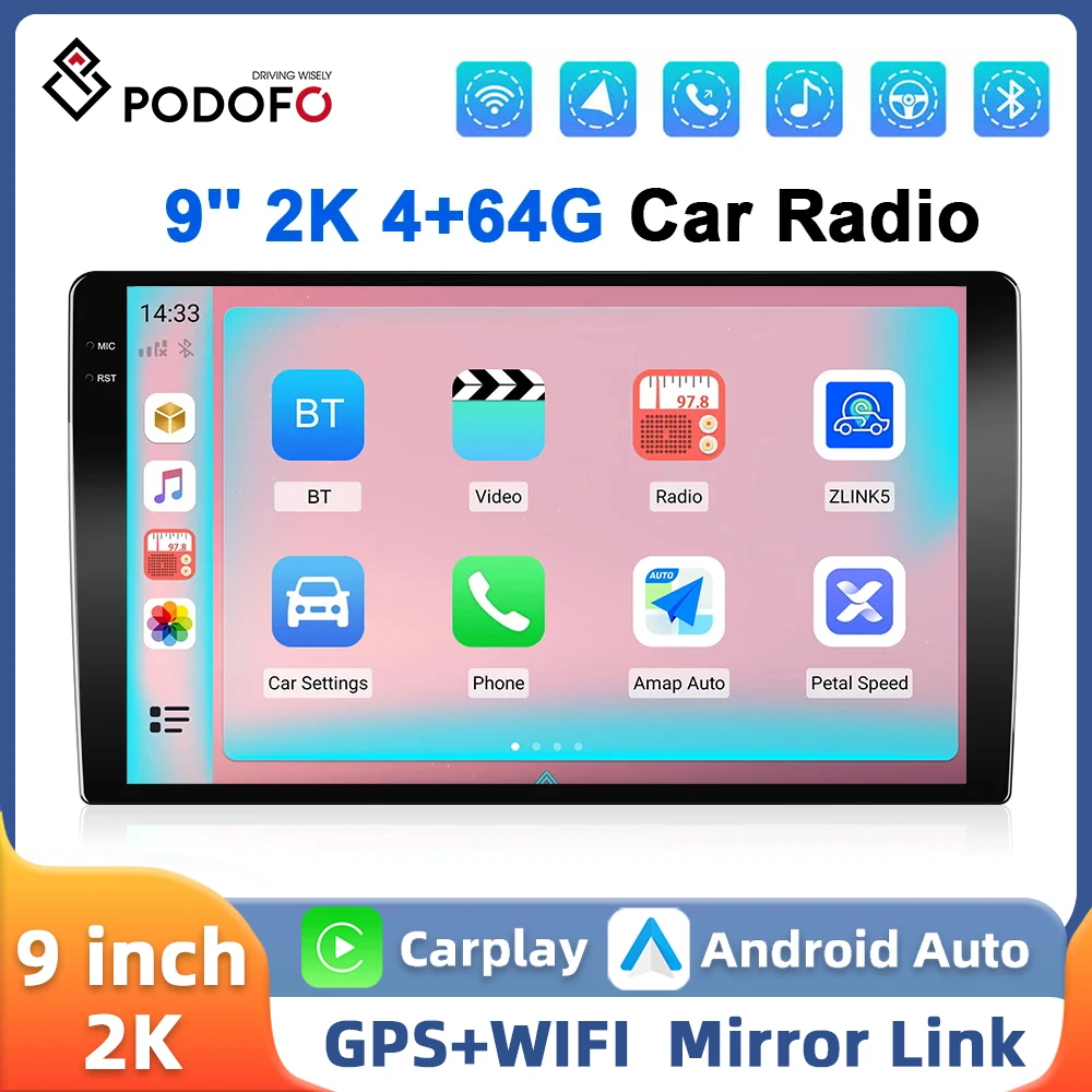 Podofo 9'' 2K Car Stereo 4+64G 8Core Multimedia Player Carplay Android Auto GPS Navigation WIFI 4G FM/AM/RDS BT 2Din Car Audio