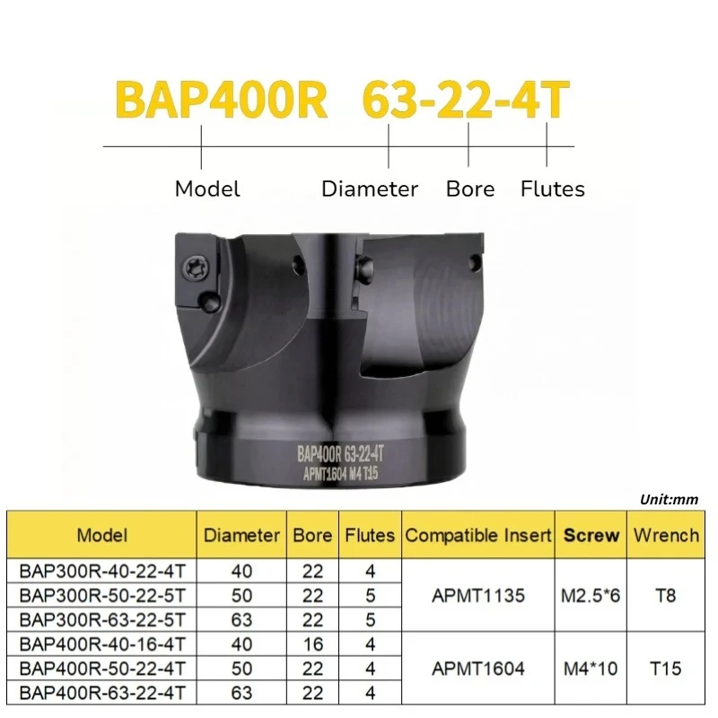 BAP 300R 400R 90 Degree Square Shoulder Face Mill Cutter Head 40/50/63MM CNC Compatible with APMT1135/APMT1604 Carbide Inserts