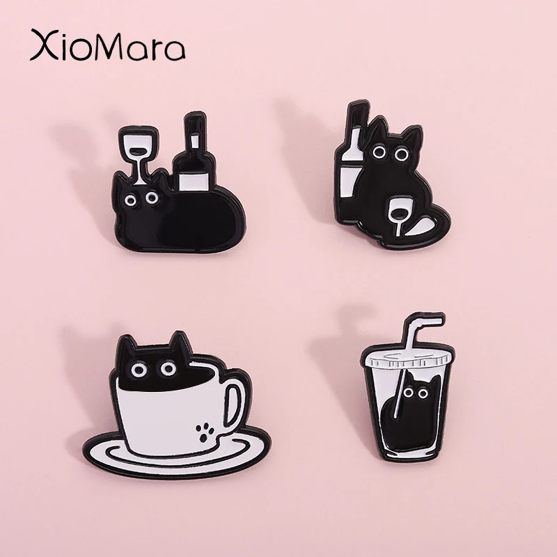 

Cute Playful Cartoon Cat Enamel Pin The Wine Bottle Milk Tea Cup Dark Kitty Brooches Backpack Lapel Badge Jewelry Gifts For Kid