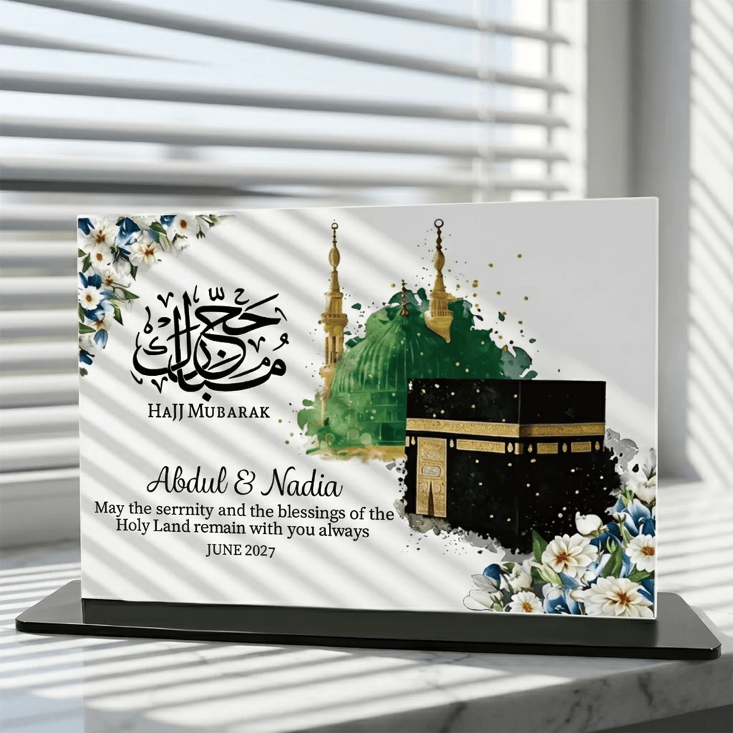 Personalized Islamic Hajj Mubarak Gift Custom Family Name Kaaba Acrylic Sign 90° Perpendicular Tabletop Desk Ornament Sign