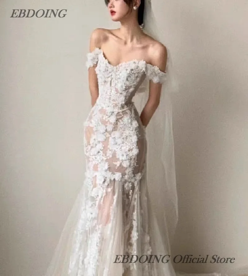 EBDOING Hochzeitskleid, Meerjungfrau, Spitze, herzförmiger Ausschnitt, Schnürung, Kapellenschleppe, individuelles Brautkleid