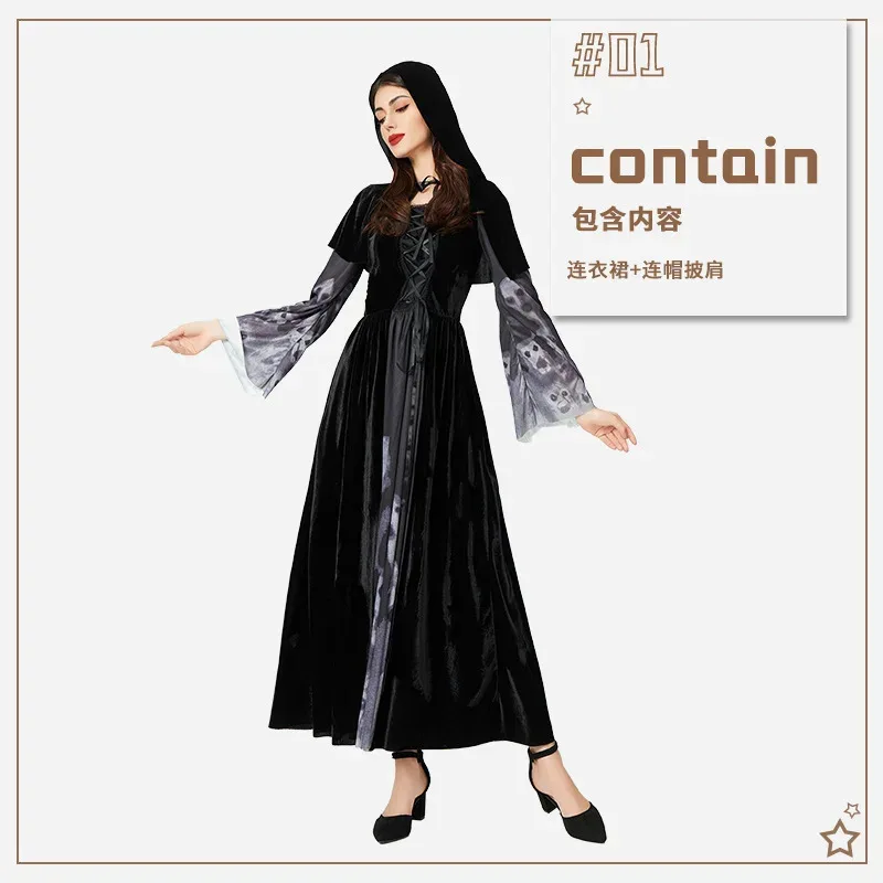 할로윈 유령 신부 여성 Grim Reaper 복장 고딕 스타일 마녀 의상 세트 여성 g45j4를위한 뱀파이어 멋진 드레스.