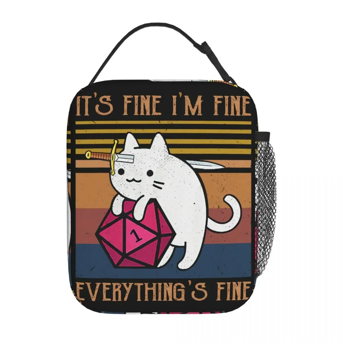 

DnD Game It's Fine I'm Fine Cat Insulated Lunch Bag Food Bag Reusable Cooler Thermal Lunch Boxes For Travel