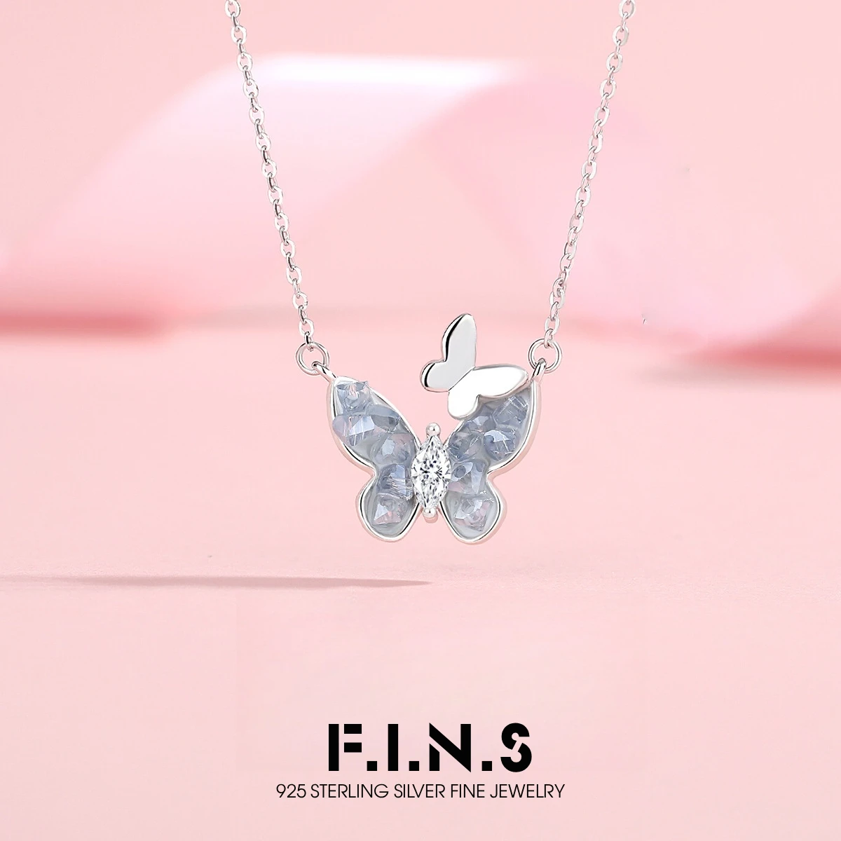 F.I.N.S ‘Crushed Ice’ S925 Sterling Silver Butterfly Necklace For Women Unique Glow-In-The-Dark Lucky Butterfly Pendant Jewelry