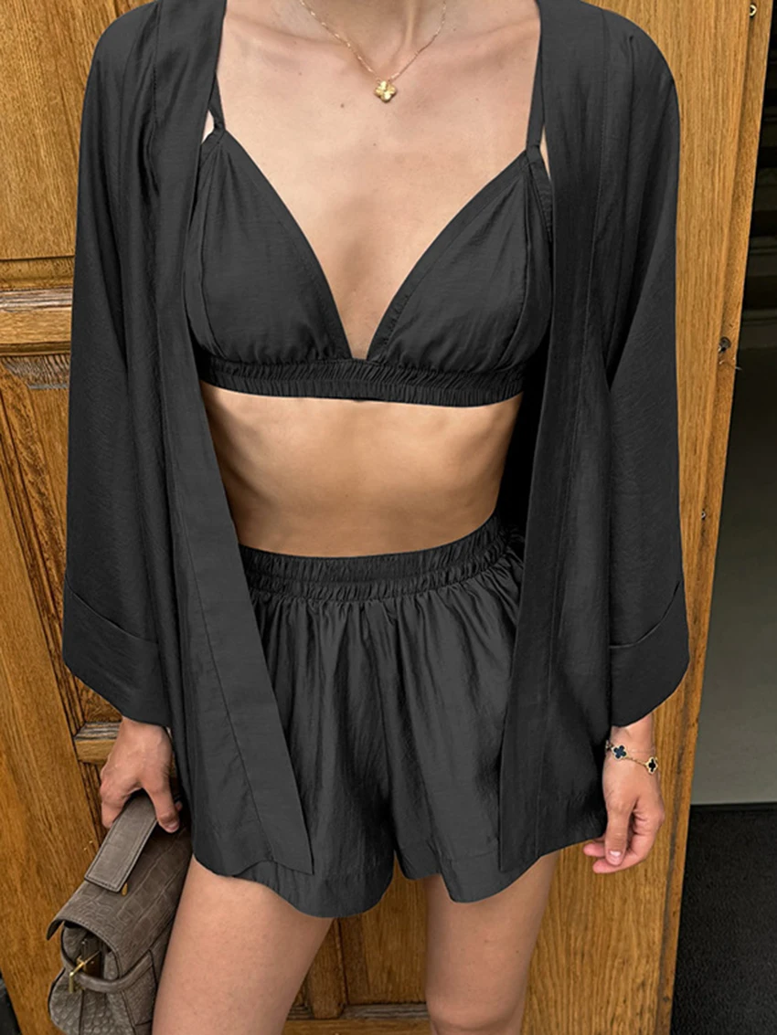Marthaqiqi Loose Ladies Sleepwear Suit Sexy V-Neck Pajama Tank Tops Nightwear Long Sleeve Robe Shorts Casual Nightie 3 Piece Set