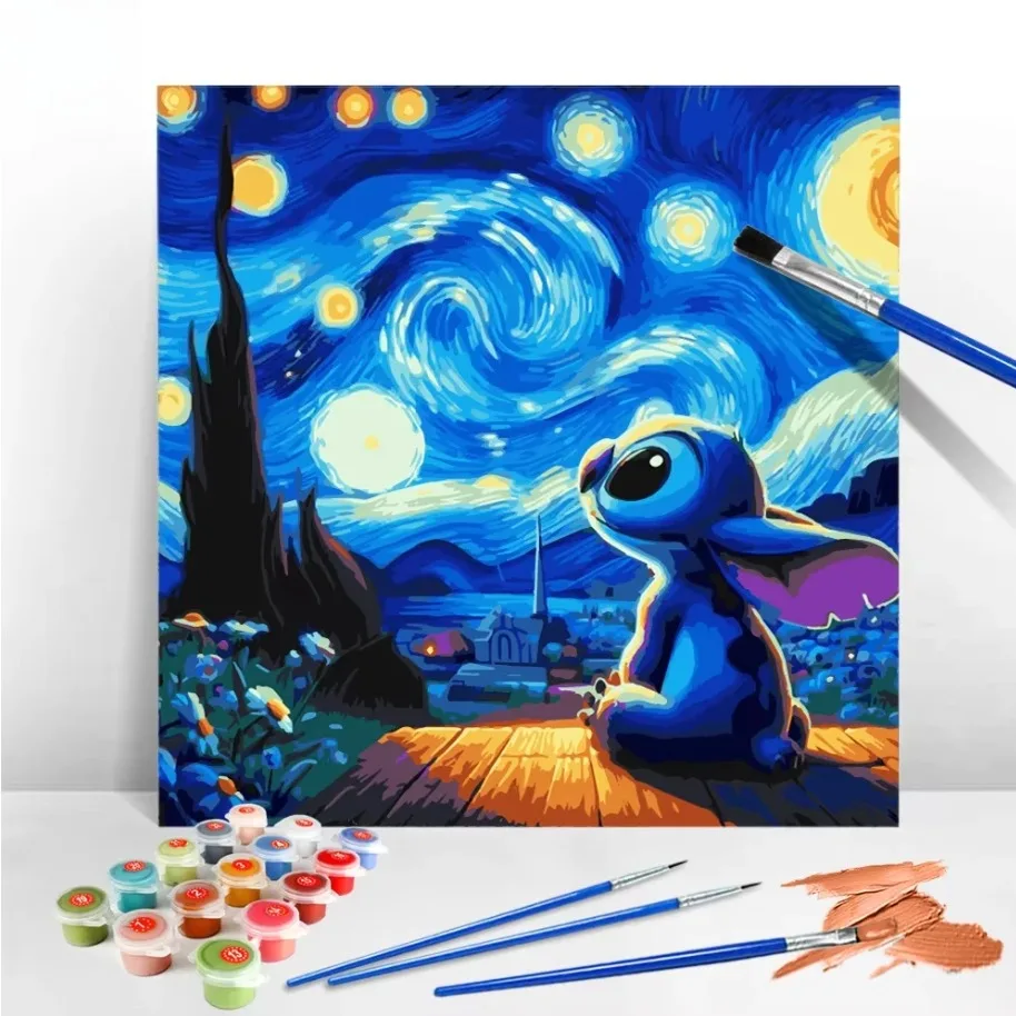 Oil Painting By Number Lilo And Stitch Cartoon Handmade Drawing By Numbers Starry Sky DIY Paint Personalized Gift