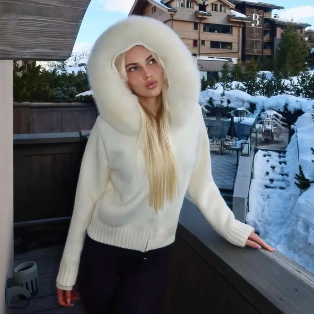 OFTBUY-ropa Kintwear de piel de zorro auténtica para mujer, suéter con capucha para primavera y otoño, chaqueta tejida holgada con cremallera, cárdigan de gran tamaño 2025