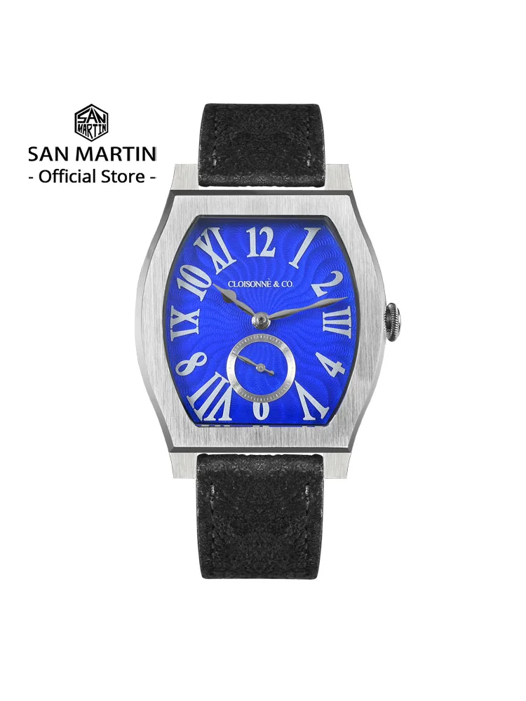 San Martin 36mm ETA 7001 Guilloche Dial Barrel Shaped Enamel Hand Luxury Men's Mechanical Watch Manual Winding Waterproof SN0100