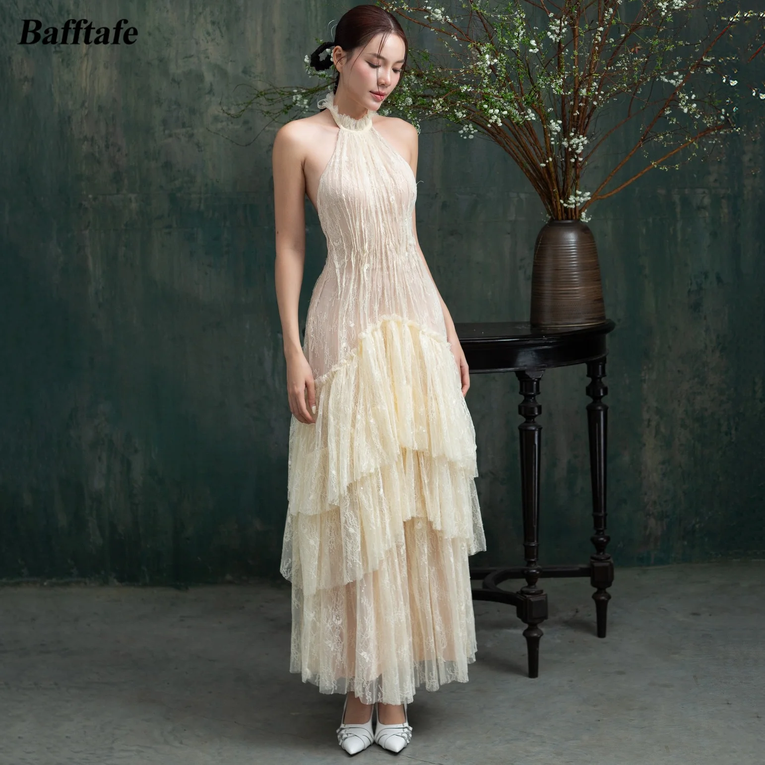 

Индивидуальные вечерние платья Bafftafe с кружевом и открытой спиной, на бретельках, многоярусные, корейские, миди, для выпускного вечера, женские, для торжественных мероприятий и дней рождения