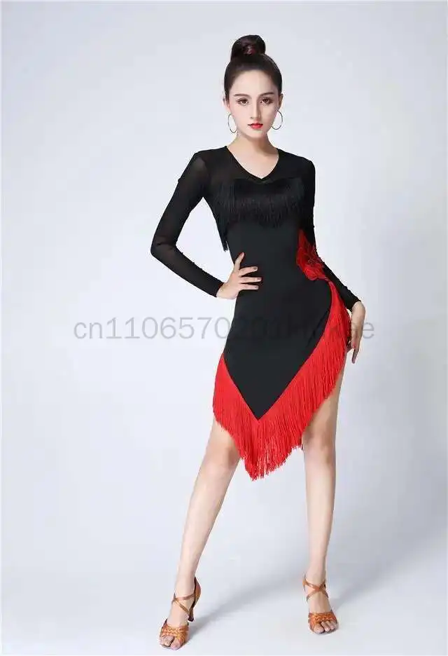 nouvelles-femmes-robes-grande-fleur-rouge-gland-danse-jupe-danse-latine-a-manches-longues-robe-latina-noir-sexy-filles-adulte-costume-rumba