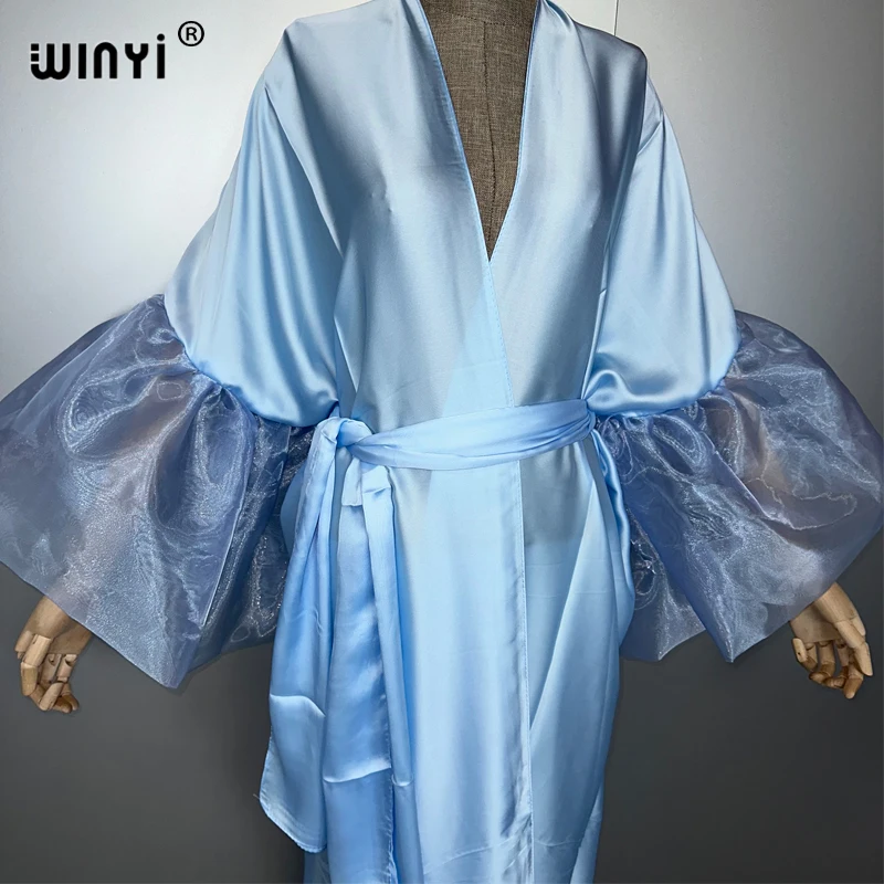 WINYI Abito da festa estivo Kimono Abbigliamento da spiaggia Costume da bagno Cover up Africa donna maniche a sbuffo (ed) Cardigan monocromatico Caftano da vacanza