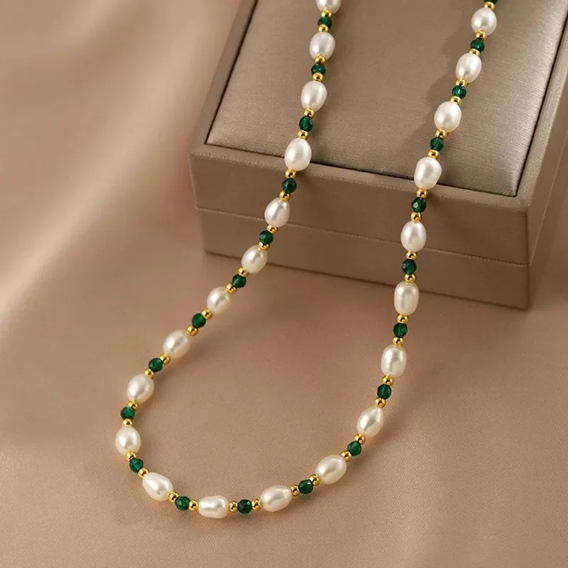 Minar Dainty Green Color Glass Beads Freshwater Pearl Beaded Necklace for Women 14K Real Gold Plated Copper Choker Jewellery