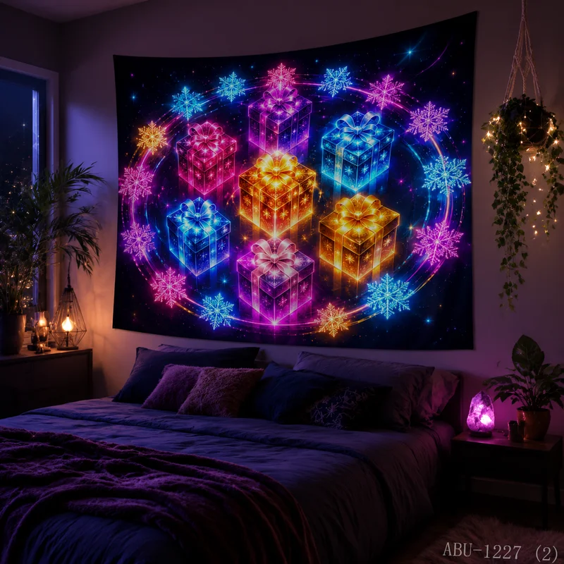 VIKAMA Neon Blue Green Gift Box Planet Orbit Galaxy Starry Space Present Christmas Tapestry Bedroom Living Room Dorm Home Decor