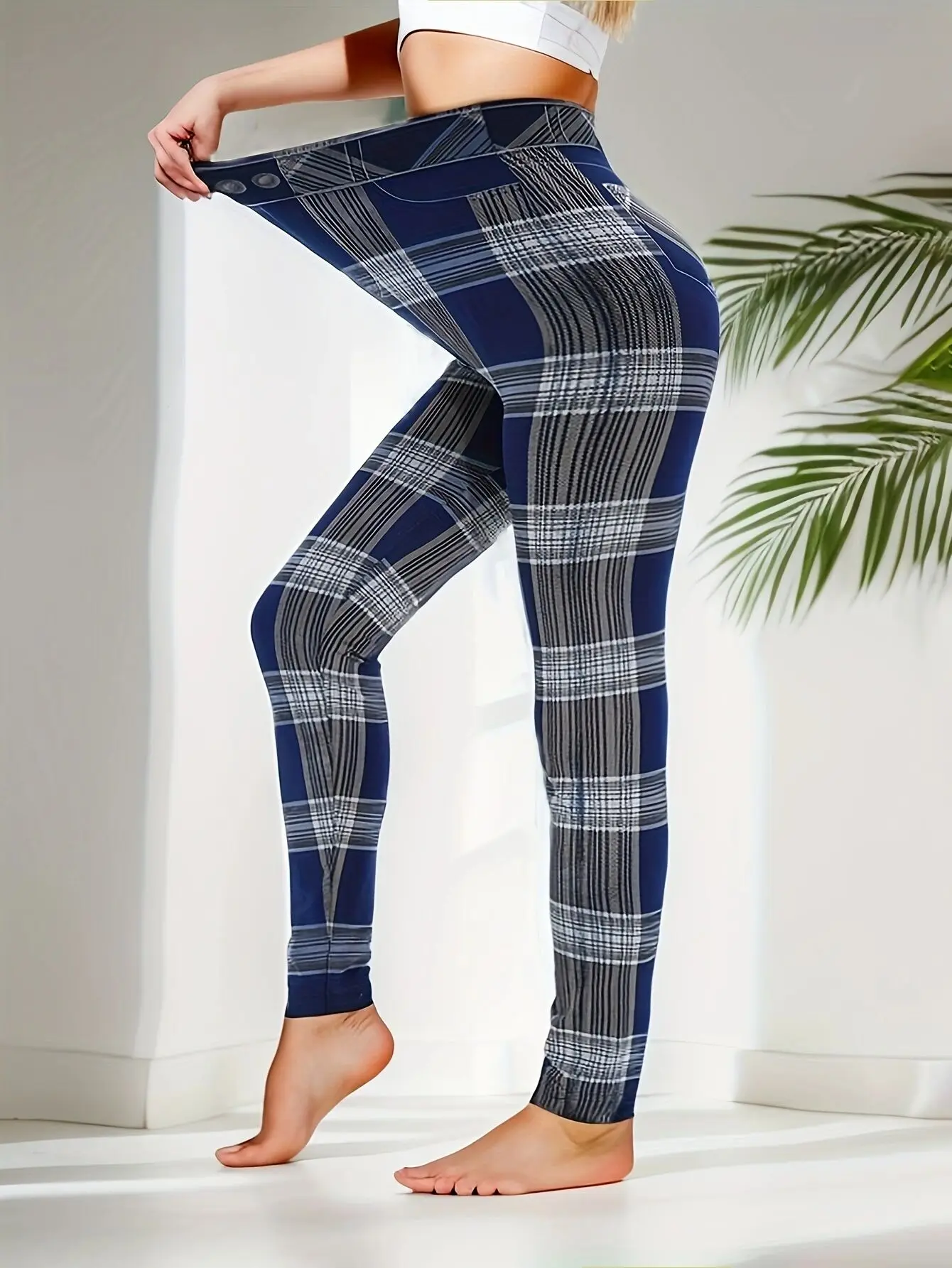 CUHAKCI Style Fashion Checkered Striped Denim Bottom Pants With Elastic Women\'s Cropped Leggings Worn On The Outside