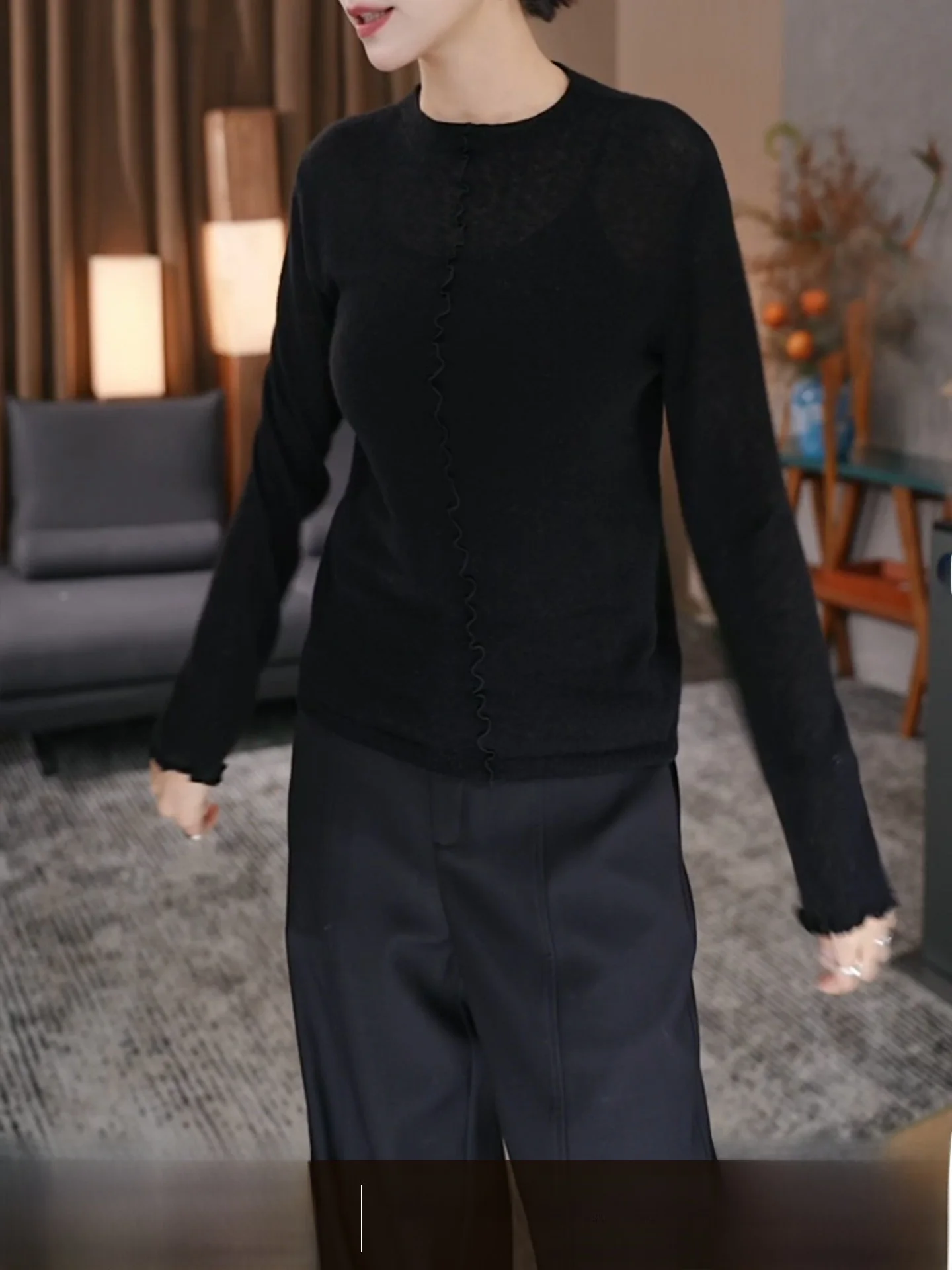 

Faionable Knitted Sweater with Wood ain Ruffle round Ne ort Sle Women's Slim Fit Inner Wear Base irt Autumn New A...