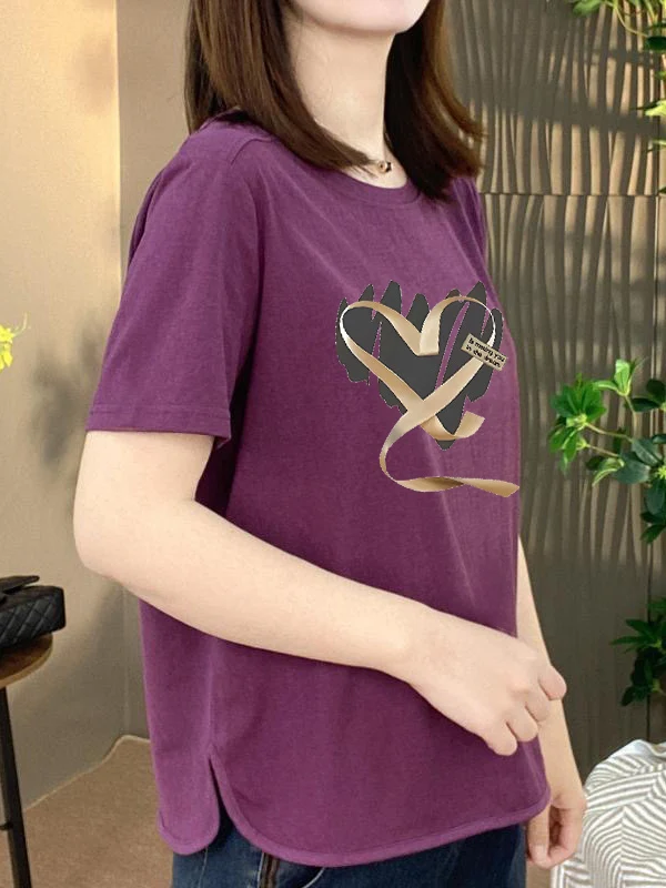 

Elegant Loose Printed Short Sleeve T-Shirt Women's Midi Casual Polyester Fiber Top Age-Defying Versatile Quality Upperwear