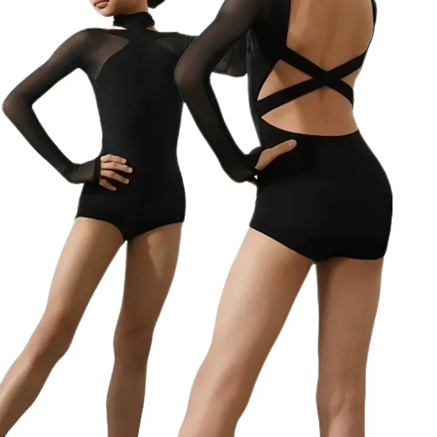 黒ラテンダンス服ジャンプスーツ女の子長袖レオタードラテントップス社交ダンスパフォーマンスウェアチャチャボディスーツ子供