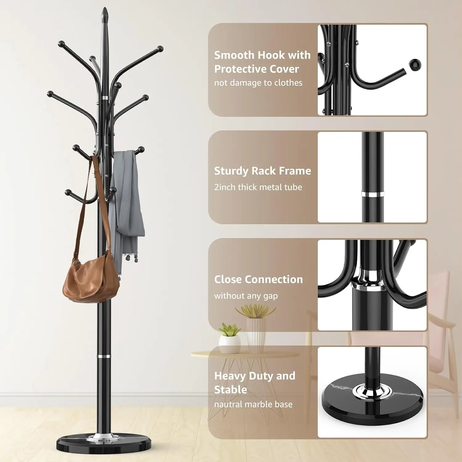 Freestanding Heavy Duty Coat Rack with Marble Base, 12 Hooks, Adjustable Height for Entryway and Office
