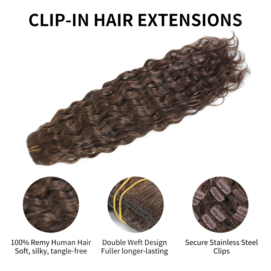 Brazilian Clip In Hair Extensions Human Hair 12-22 Inch Brown Water Wave Clip Ins Human Hair 7 Pcs Curly Clip On Hair Extension