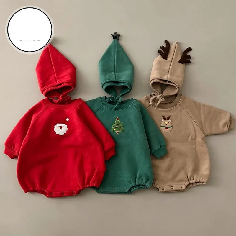 

2023 Christmas Carnival baby girl 0 to 6 months clothes winter girl cartoon print dinosaur embroidery fleece triangle romper