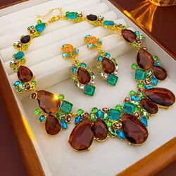 Luxury shiny brown Zircon water drop square necklace retro exaggerated design sense collarbone chain fashion women's banquet set