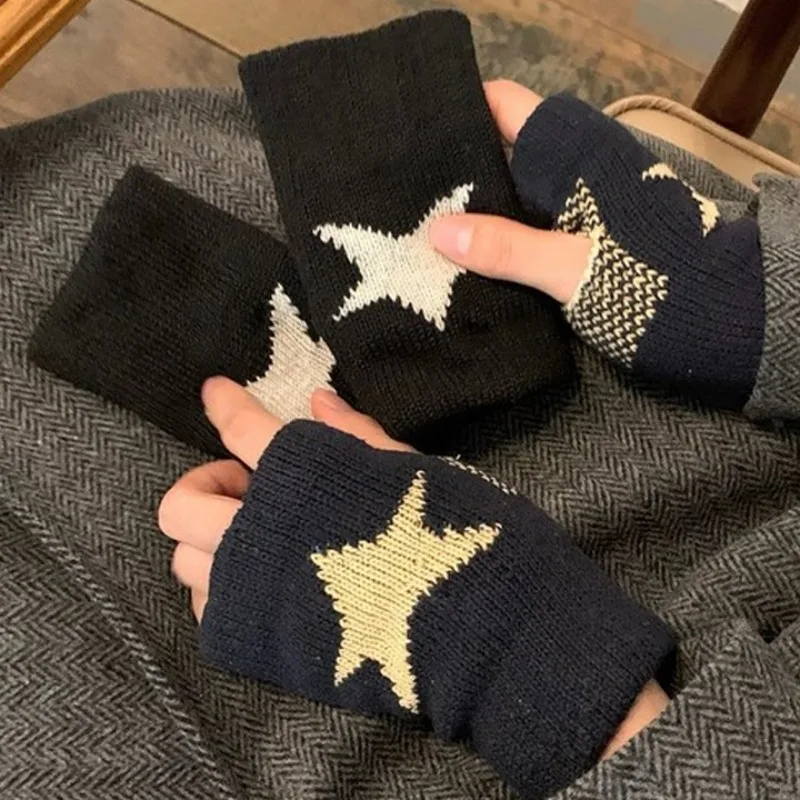 Kniited Woolen Half Gloves Y2K Punk Pentagram Stars Gloves for Women Girls Soft Warm Five Pointed Star Fingerless Gloves Mittens