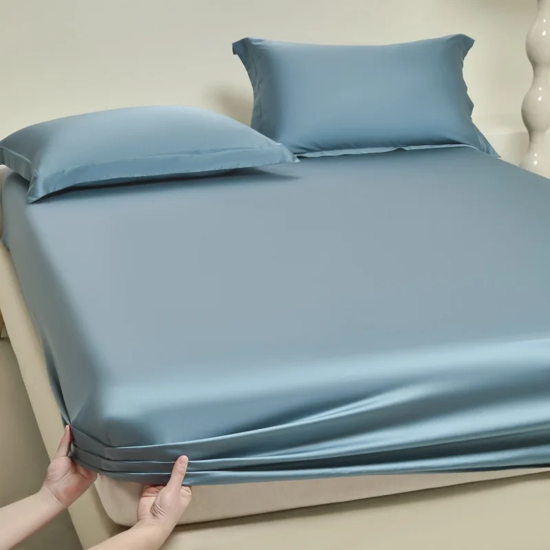 Blue Fitted Sheet Natural Plant Lyocell Matterss Cover Deep Pocket&360 Around Elastic Breathable Silky Bed Linens 152*203cm*1pc