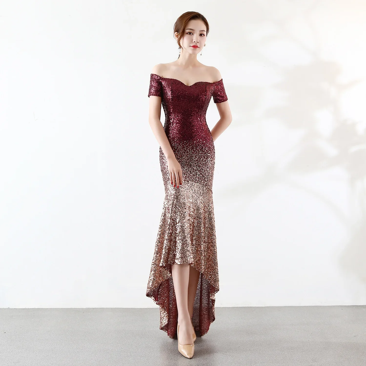 

Evening Dresses Burgundy Sequins Stretchy Off the Shdoulder Zipper Mermaid Trumpet Floor Length Women Party Formal Gowns YE110