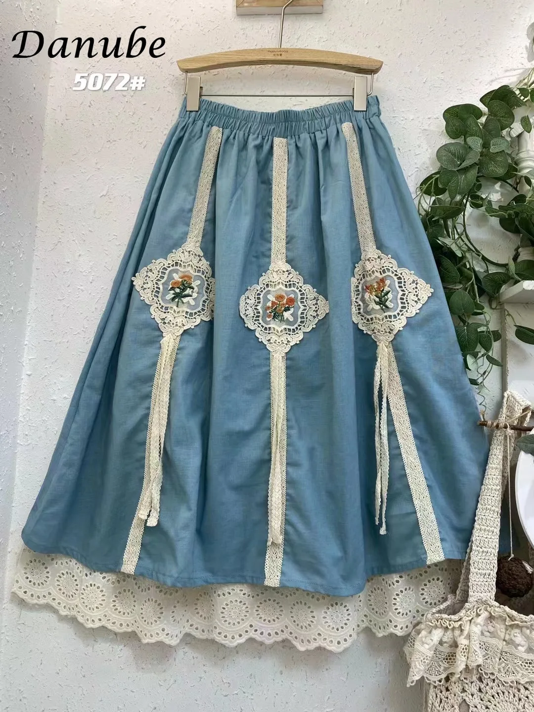 Vintage Mori Girl Embroidery Blue Long Skirts Women Japanese Style Elastic Waist Ruffled Patchwork A-Line Lolita Skirt Female