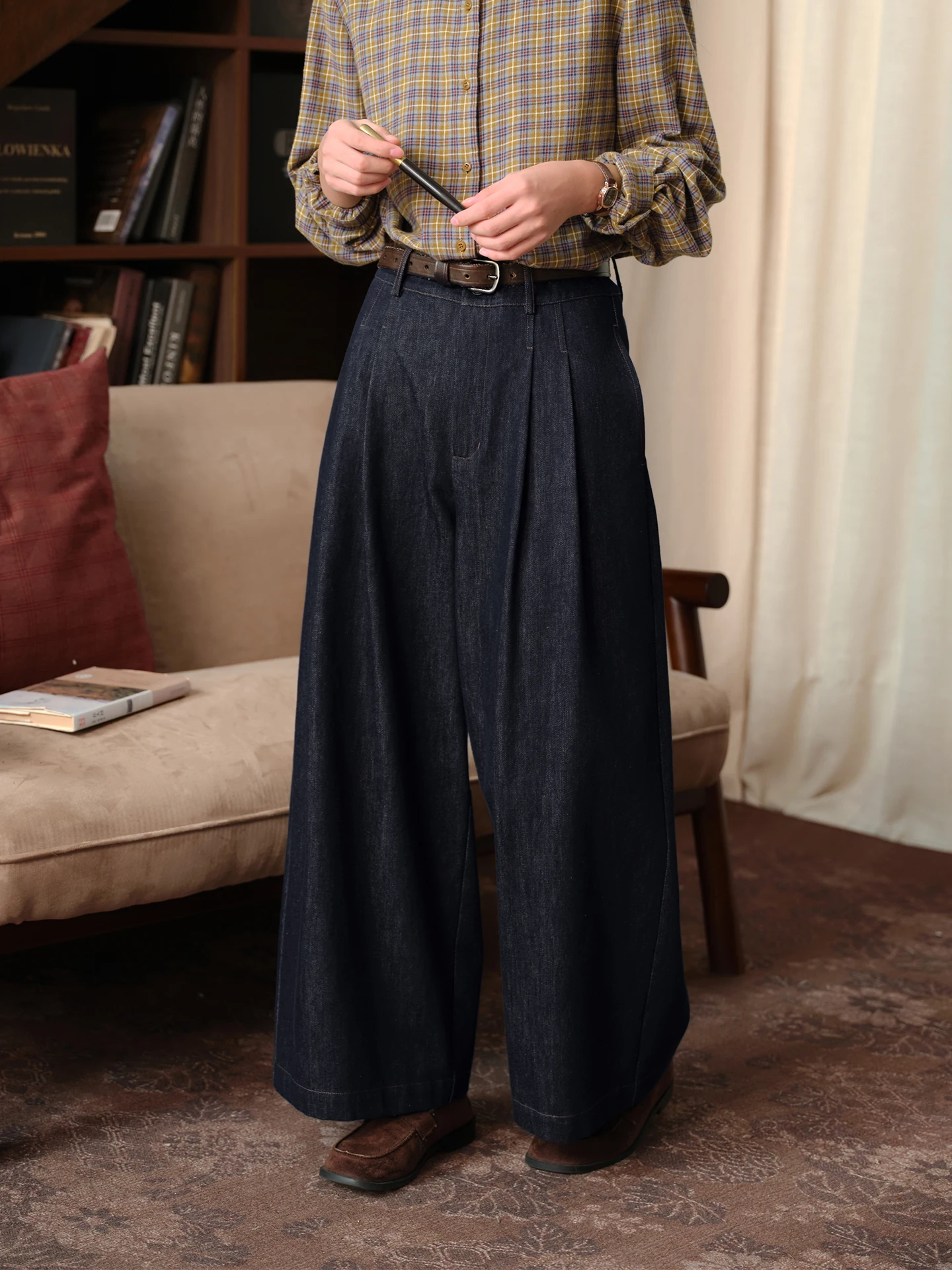 High Waist Straight Leg Blue Cotton Denim Casual Women's Jeans Autumn Seasonal Wide Leg Pants Comfortable Breathable Skin-Fri...