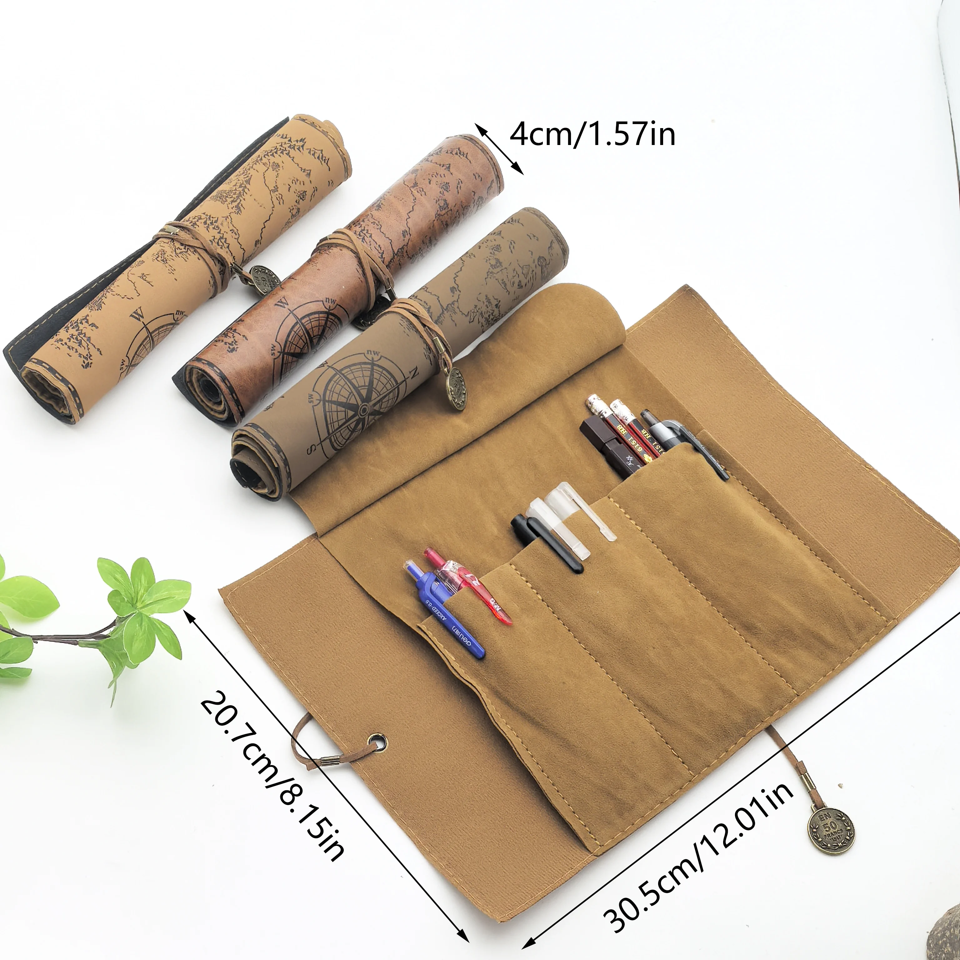 Vintage World Map Roll Up Pencil Case, 4 Colors Retro Compass PU Leather Pen Bag, Multi Slot Portable Wrap Pencil Pouch for Stud