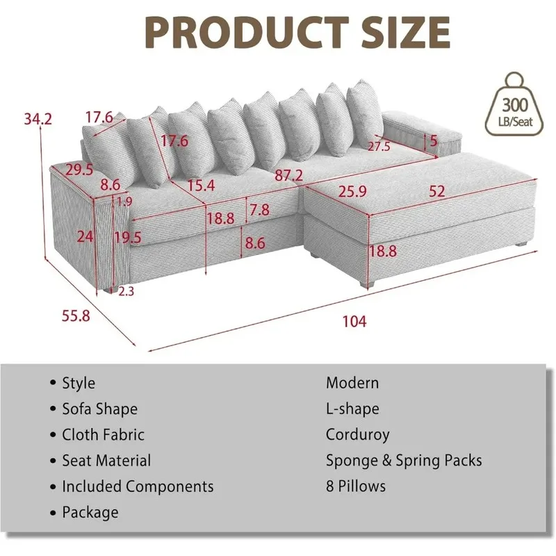 L-Shaped Corduroy Sectional Sofa with Ottoman, Storage Arm, Chaise Daybed, Extra-Wide Oversized Lounge