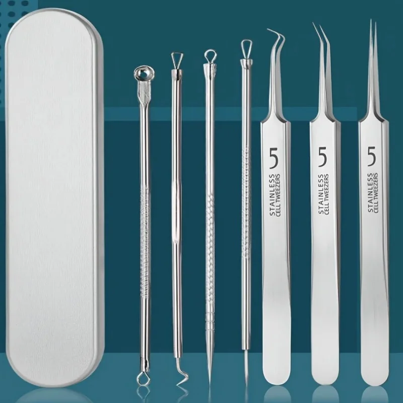 7-delige roestvrijstalen mee-eter verwijderingsgereedschapset, mee-eterclip, pincet, schoonheid gezichtsmee-eter verwijderaar, acne-naaldgereedschap