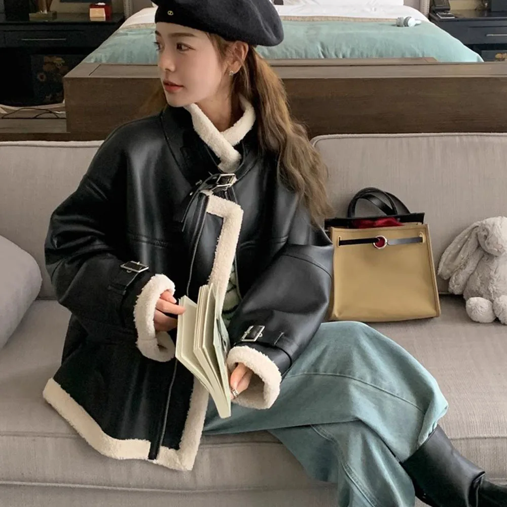 

Женские модные куртки из искусственной кожи, женское пальто с воротником из овечьей шерсти, зимняя куртка на молнии, женская элегантная верхняя одежда из искусственной кожи с длинными рукавами