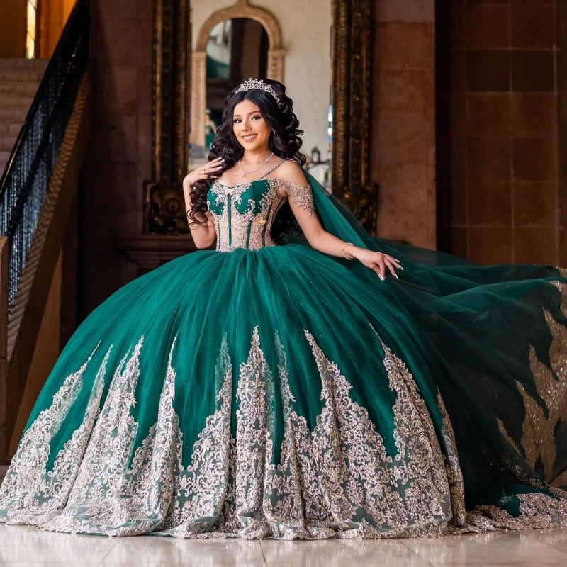 

Luxury Green Princess Ball Gown Quinceanera Dresses 2024 Mexico Appliques Lace Beads Tull Birthday Party Vestidos De 15 XV Años