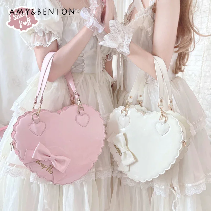 Cute Lolita Messenger Bag Original Design Sweet Bow Love  Crossbody Bags for Women Fashion Solid Color Leather Handbag Student