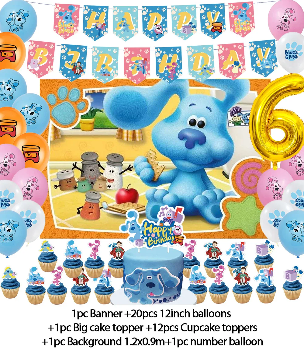 Dibujos animados pistas Blues cachorros tema fiesta de cumpleaños perro azul globo pastel Topper Banner telón de fondo educación temprana decoración de Baby Shower