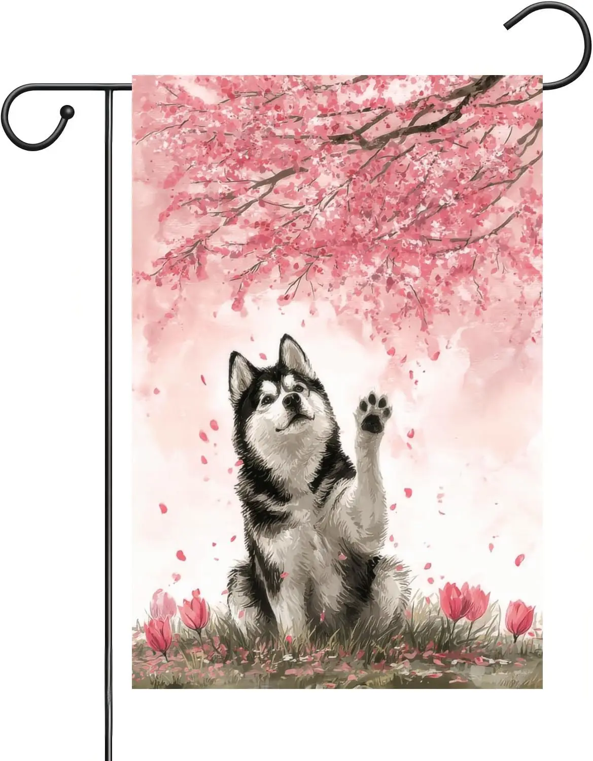 Husky Spring Garden Flag Cherry Blossoms And Tulips 12x18-Inch Double-Sided Linen Outdoor Summer Courtyard Party Decoration  PPM