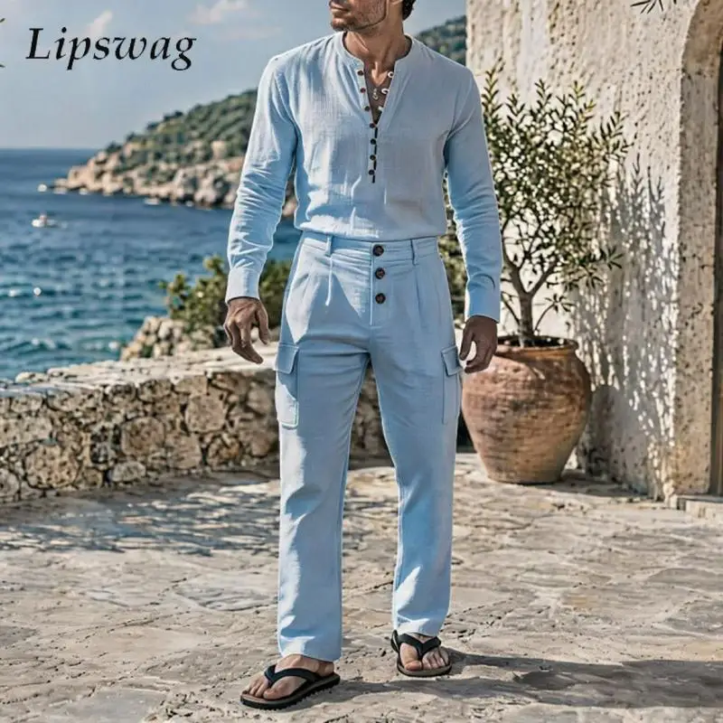 trendy-men-linen-two-piece-suits-fall-solid-color-henley-shirt-and-cargo-pants-long-sleeve-daily-outdoor-mens-vintage-outfits