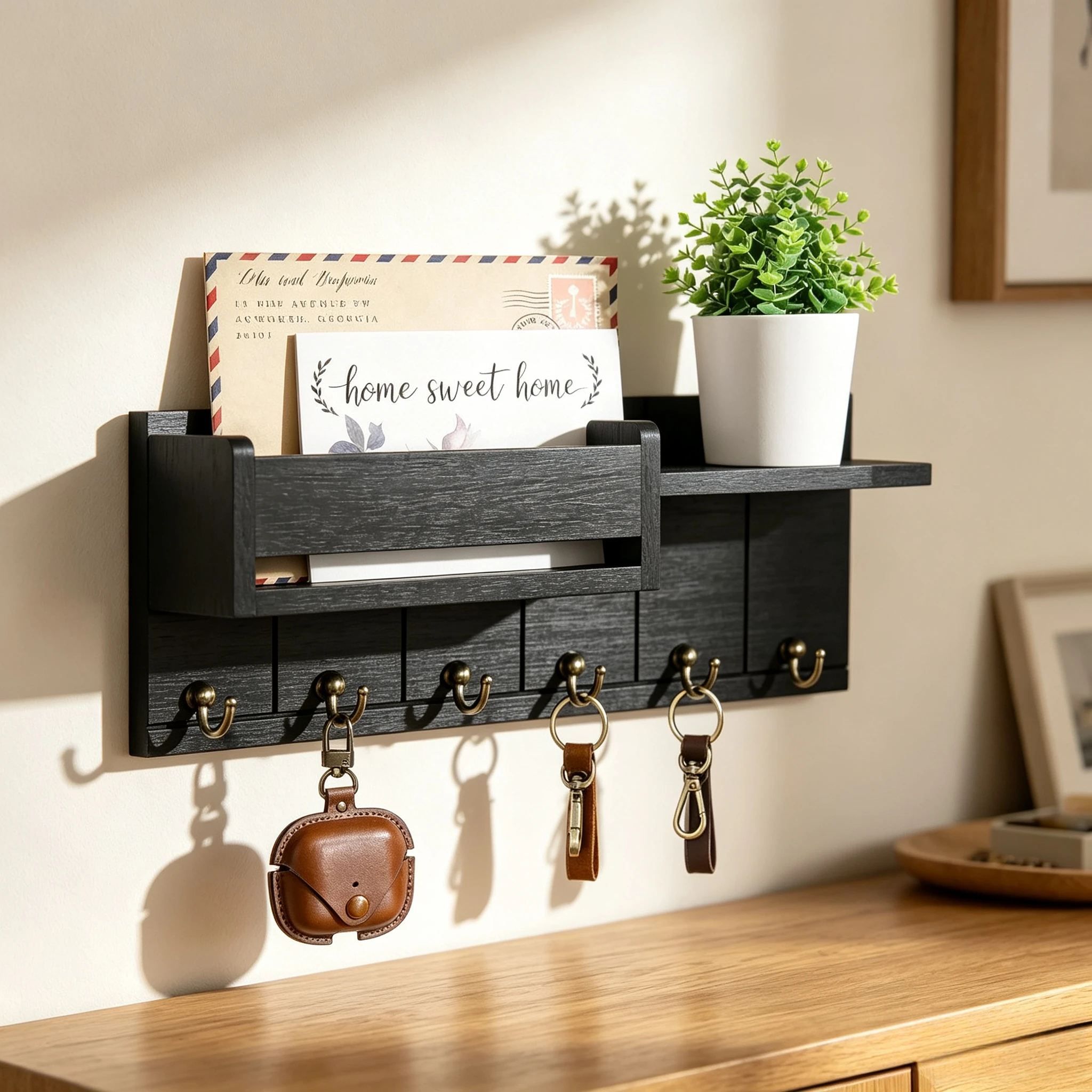 Vintage Wall Mounted Key Rack with Mail Holder & Tray, Farmhouse Wooden Key Organizer for Entryway, Easy Install Hallway Decor with Hooks for Keys & Accessories