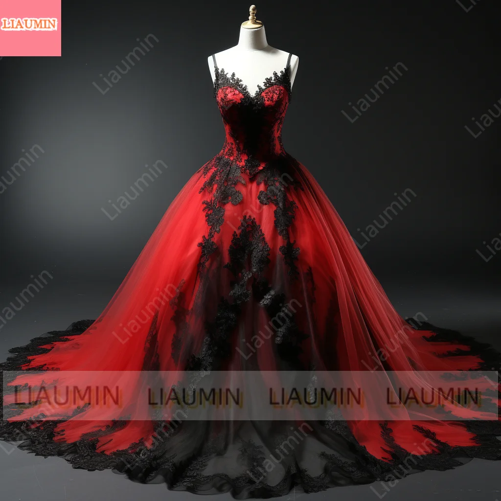 Red Tulle Aand Black Lace Edge Applique Full Length Evening Dress Formal Occasion Women Elagant Clothing Hand Made Custom W3-7