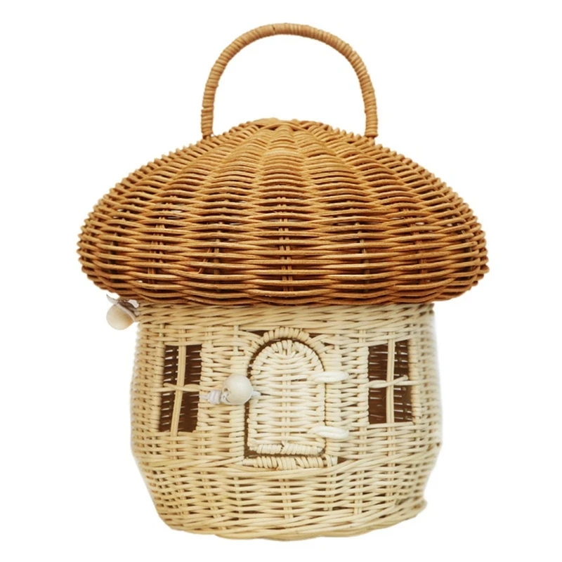 Handmade Mushroom Basket Bag Rattan Woven Baskets Straw Storage Box Vacation Picnic Basket Kid Toy Storage Basket-A27R
