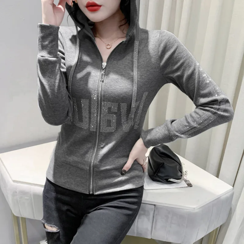 #8384Black Grey Women Hoodies Sweatshirt Tops Pullovers Diamonds Letters Slim Streetwear Short Hoodies Woman Zipper Korean Style